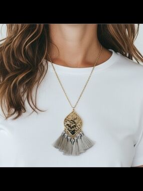 CLOVER Gold-Tone Pendant Necklace with Gray Tassels -
